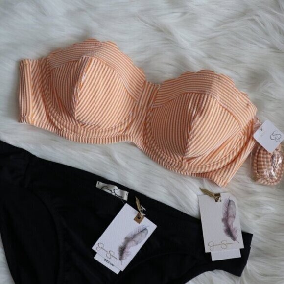 NEW Jessica Simpson Orange Striped Strapless Bikini Bathing Suit Set Size Medium - Picture 2 of 7